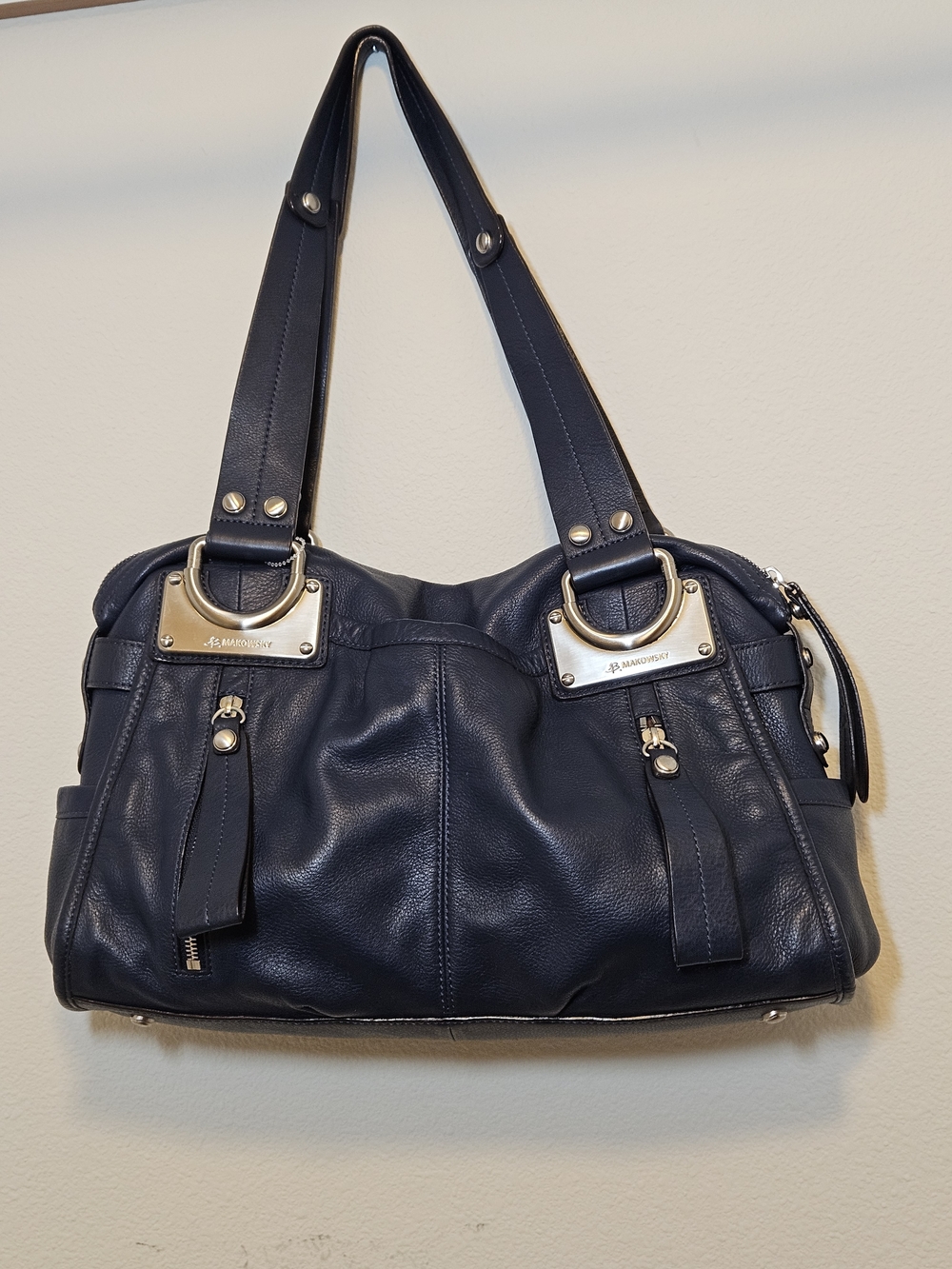 b. makowsky Navy Leather Shoulder Bag with Silver Hardware